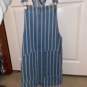 overall dress. jean. baby blue and white striped.